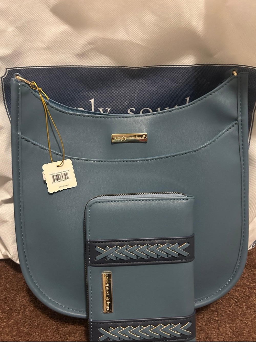 New Simply Southern Light Blue Crossbody Satchel with Matching Wallet Purse